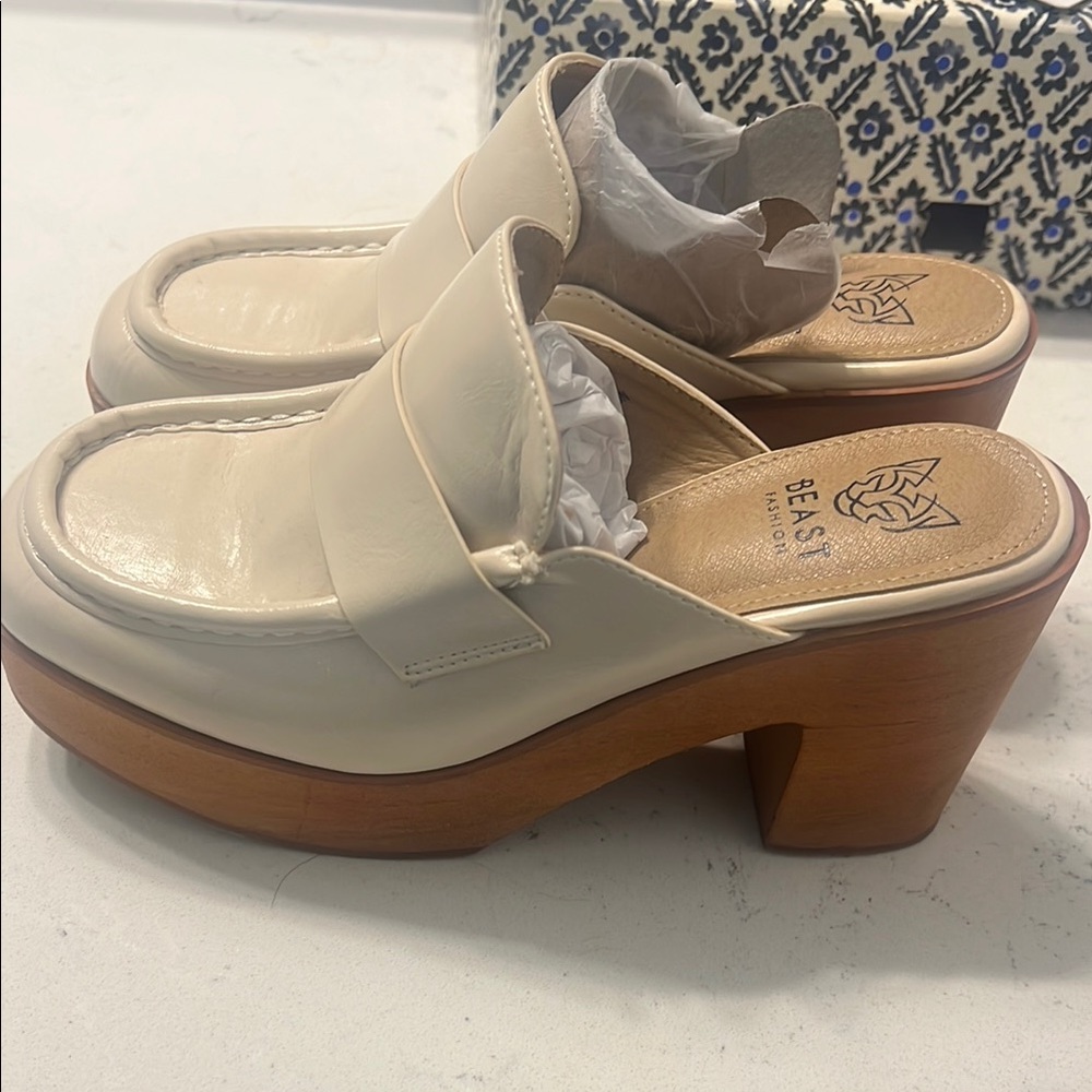 Cream Leather Mules with Chunky Wooden Heel